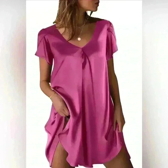 Ekouaer Women's Rose Pink Satin Nightgown Short Sleeve V-Neck Size Small NWT - Picture 1 of 8